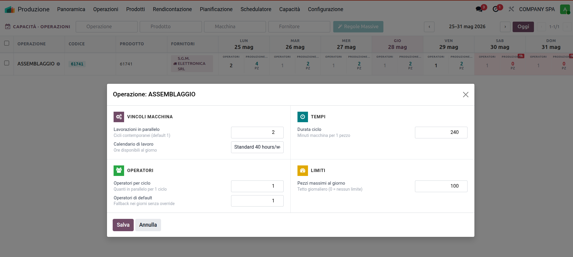 Screenshot configurazione capacità Huroos Manufacturing